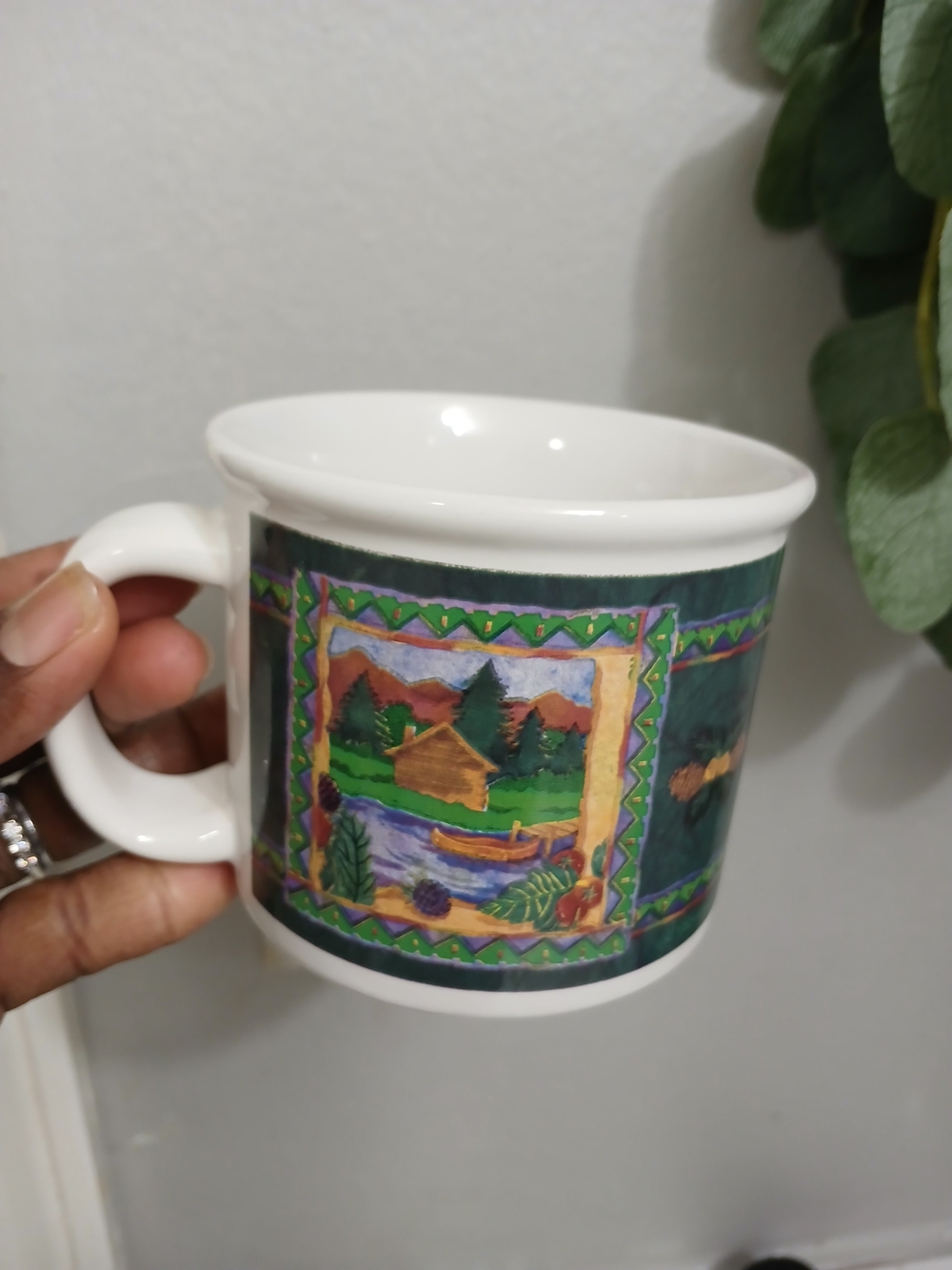 Scenic Cabin Ceramic Coffee Mug in White and Green